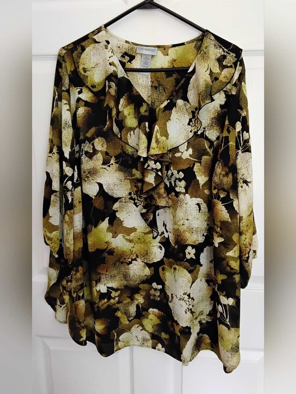 Catherines Olive, Black & Cream Floral Ruffle-Front Blouse